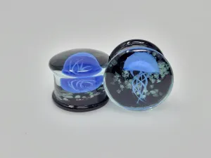 Blue JellyFish Glass Glow in the Dark Plugs (8mm - 16mm) (Pair) - G019