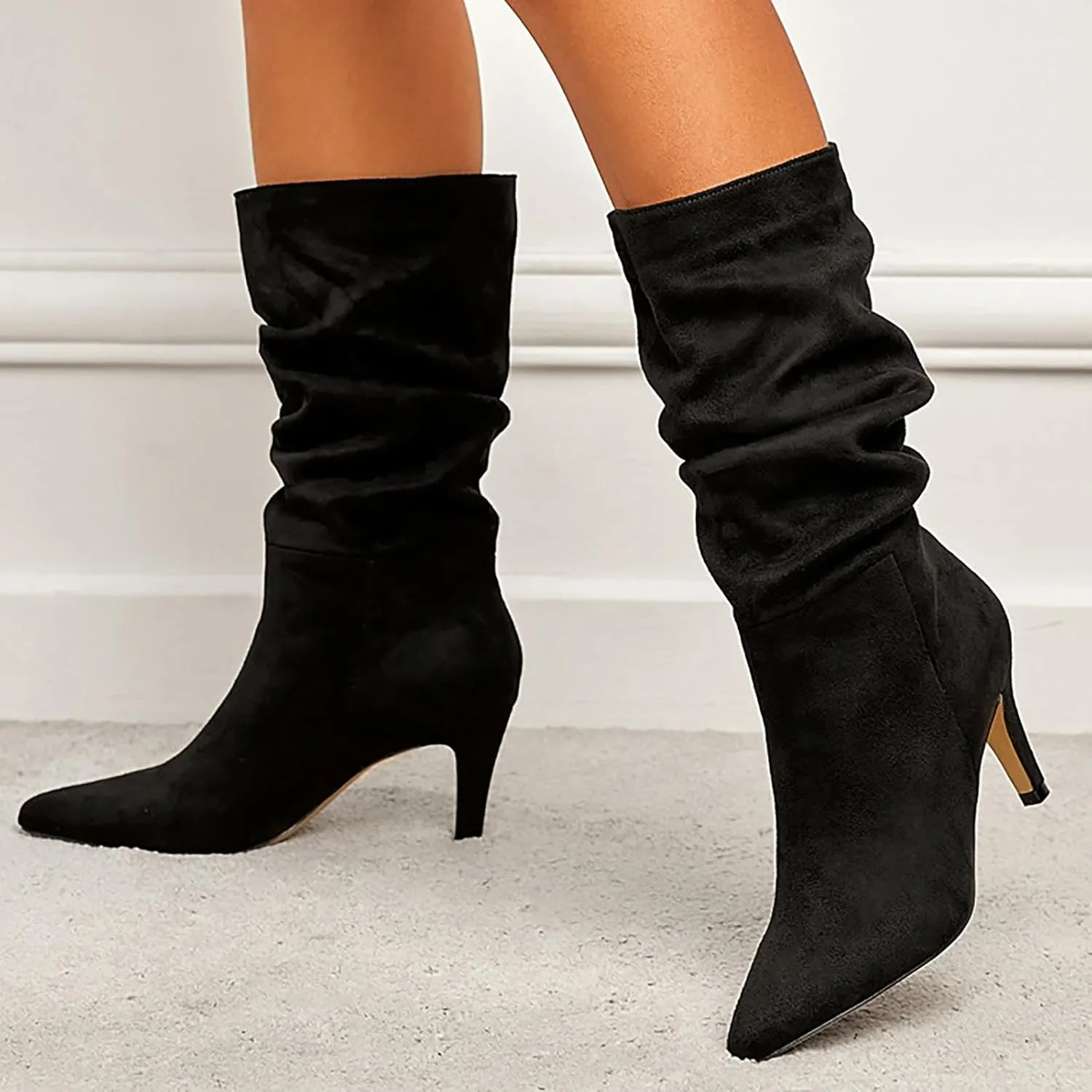 Boots For Women Mid Calf Ankle Boots for Women Suede Pleated Low Heel Point Toe Boots Fall Comfortable Wide Calf Winter