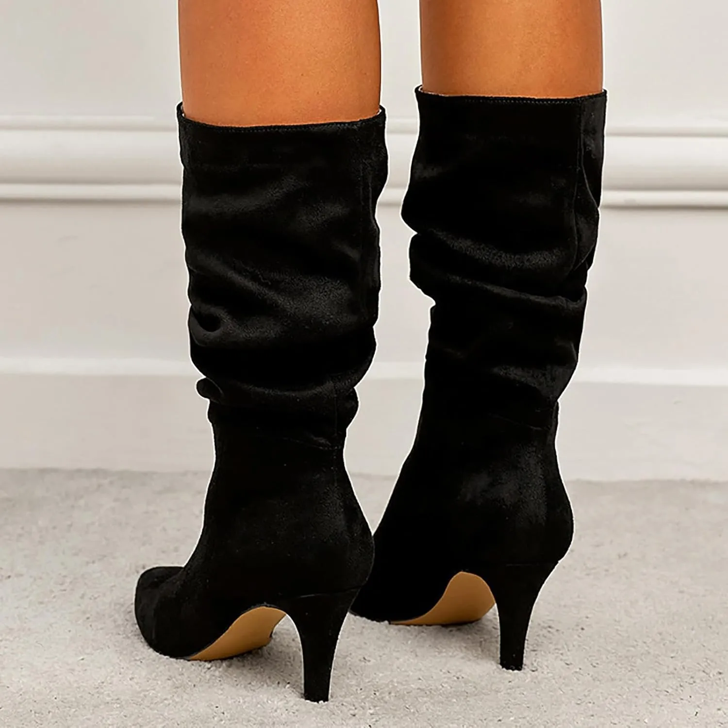 Boots For Women Mid Calf Ankle Boots for Women Suede Pleated Low Heel Point Toe Boots Fall Comfortable Wide Calf Winter