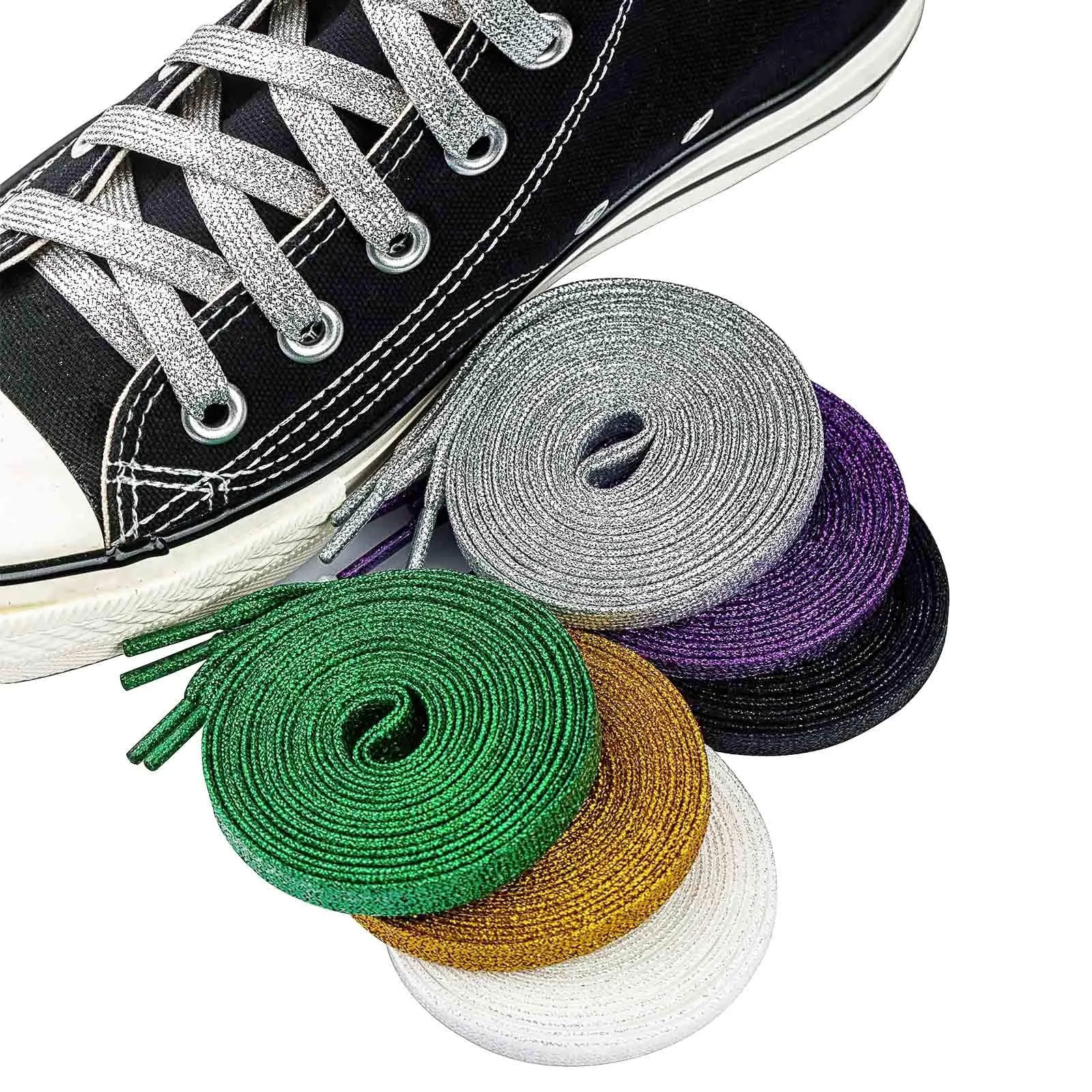 Booyckiy [6 Pairs] Glitter Shoe Laces for Sneakers, 47" Flat Shiny Metallic Shoelaces for Canvas Athletic Shoes
