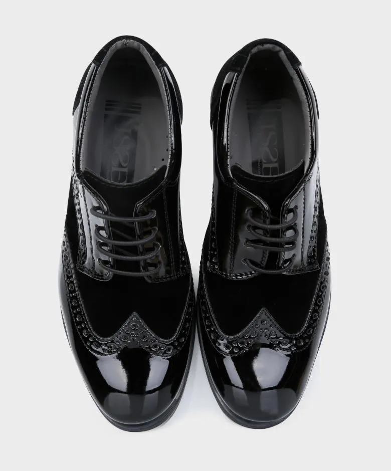Boys Patent Leather & Suede Lace Up Brogue Derby Shoes - Black