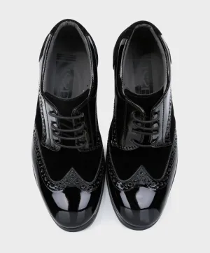 Boys Patent Leather & Suede Lace Up Brogue Derby Shoes - Black