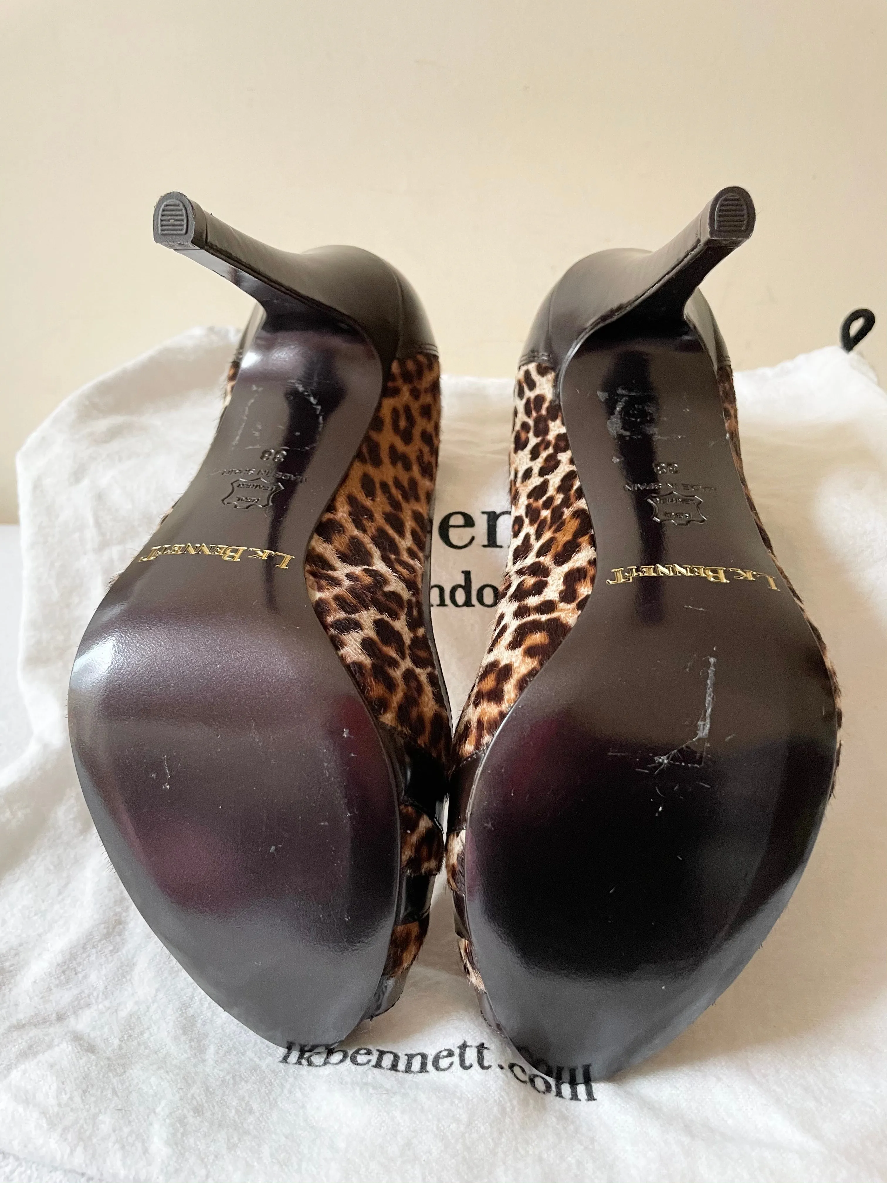 BRAND NEW LK BENNETT BLACK & BROWN LEOPARD PRINT PEEPTOE HEELS SIZE 5/38
