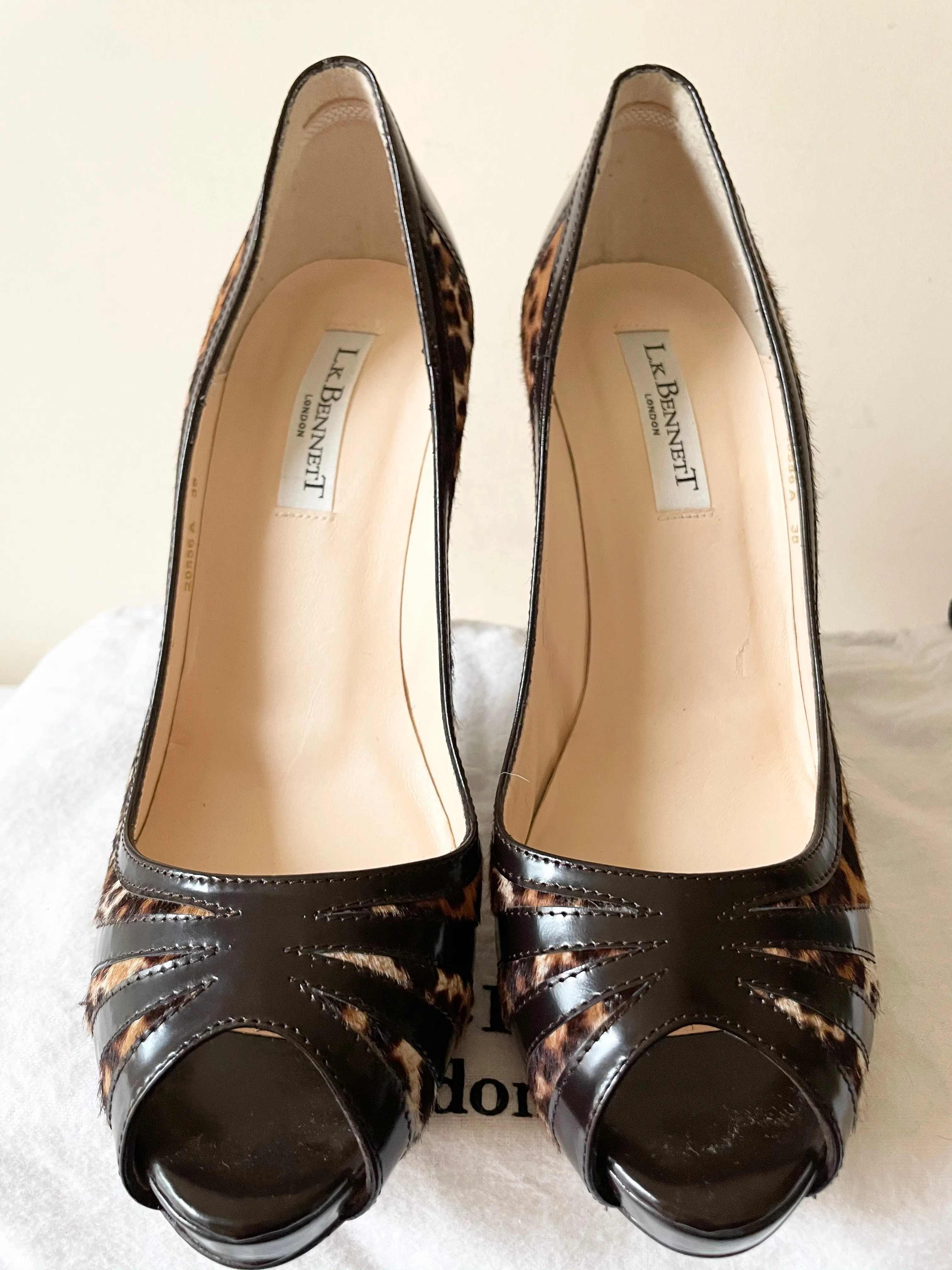 BRAND NEW LK BENNETT BLACK & BROWN LEOPARD PRINT PEEPTOE HEELS SIZE 5/38
