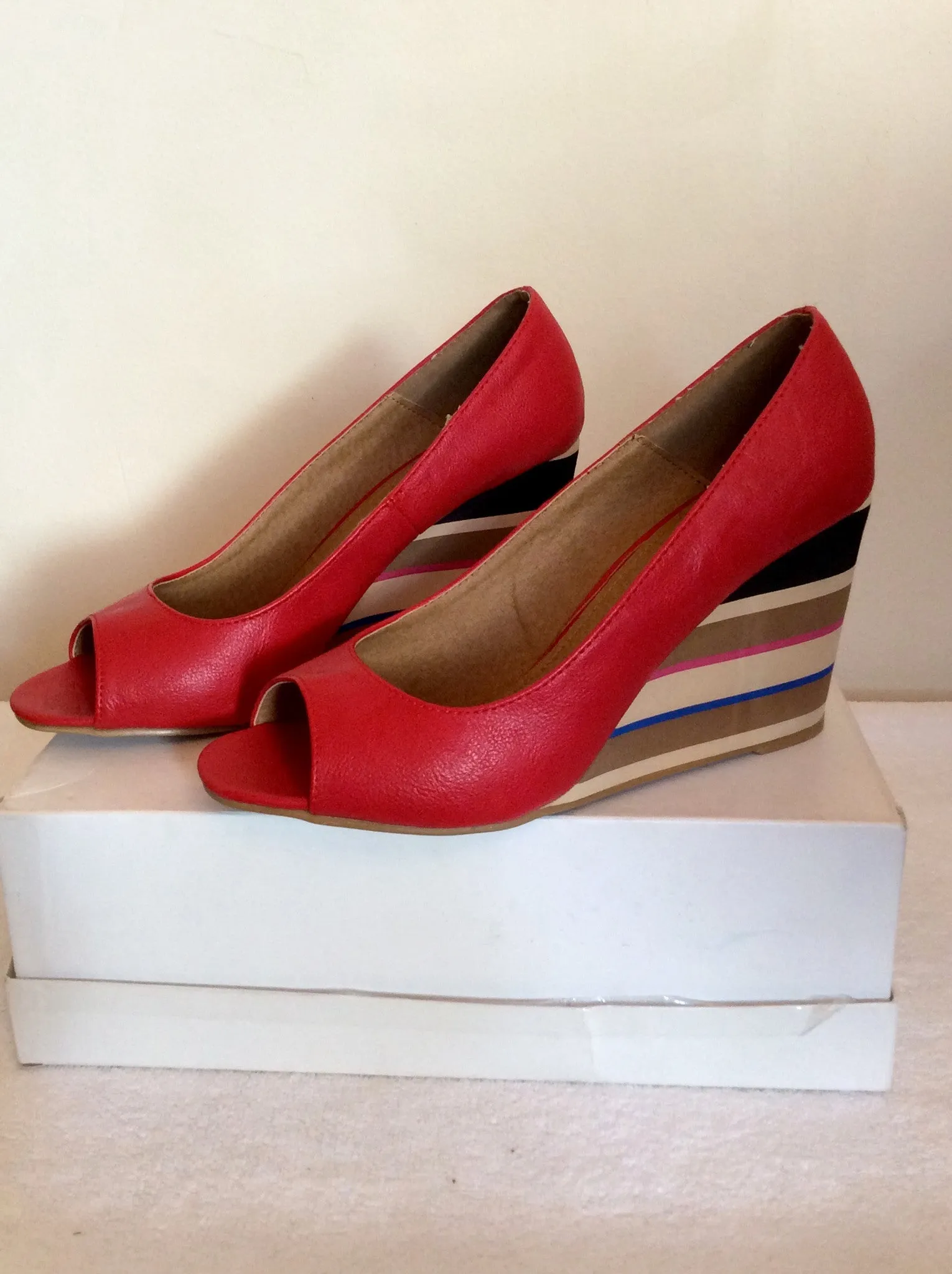 Brand New Red Level Red Peeptoe Striped Wedge Heels Size 7/40