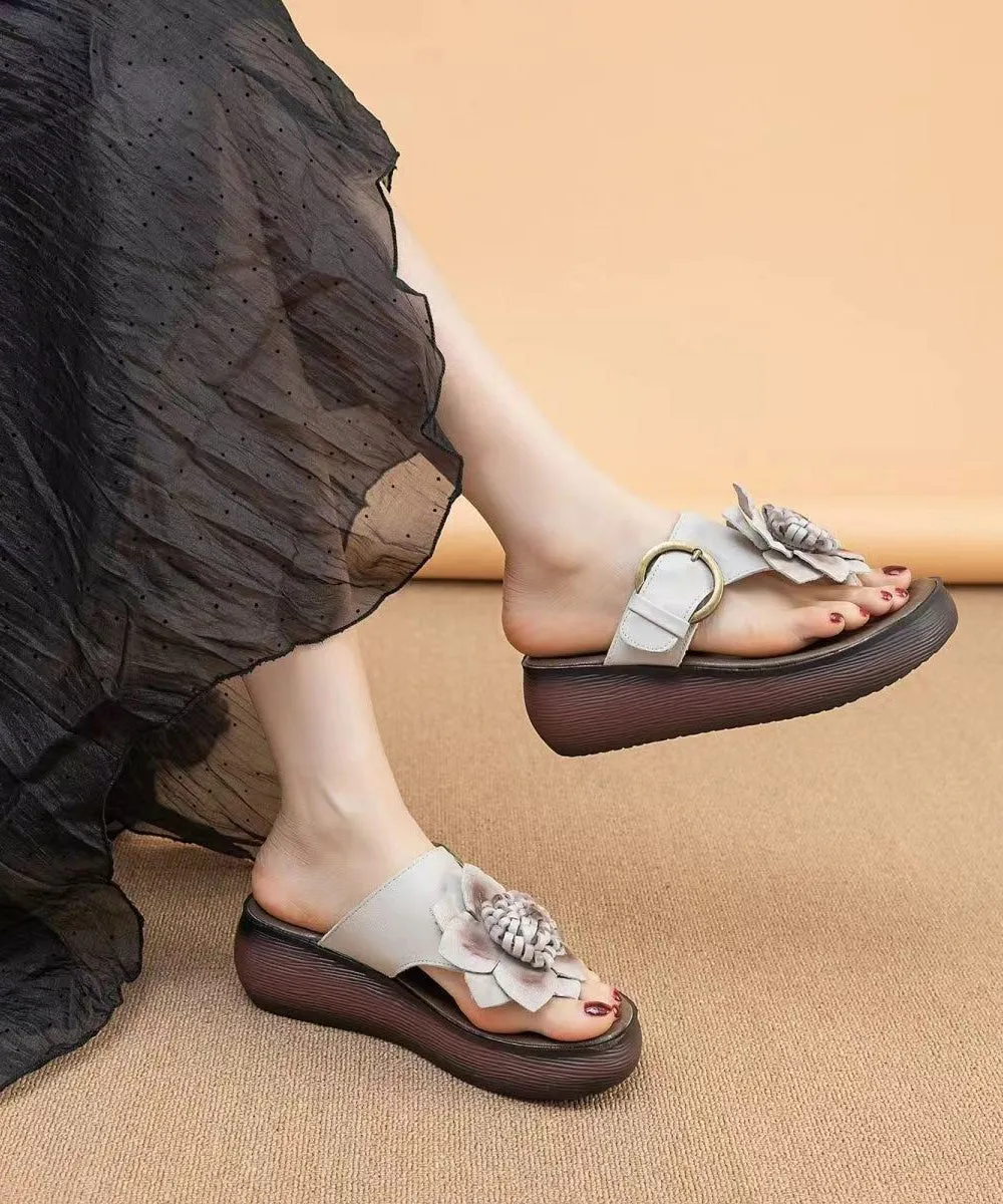 Cameo Brown Floral Handmade Cowhide Leather Wedge Thong Sandals OI071