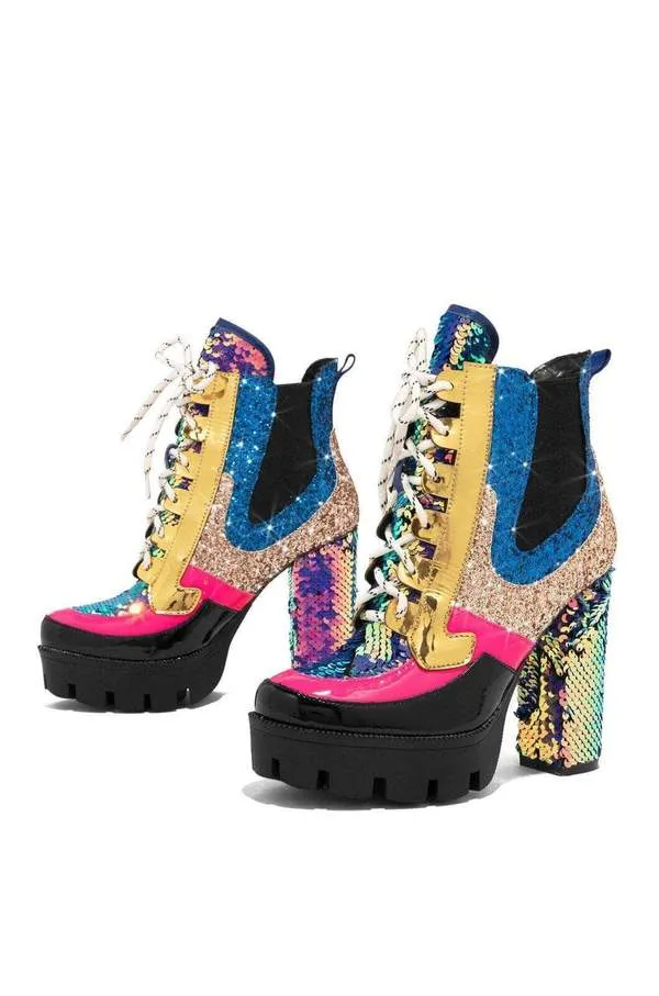 Cape Robbin | NELL CHUNKY BLOCK HIGH HEEL PLATFORM LACE UP BOOTS-MERMAID (8, mermaid)