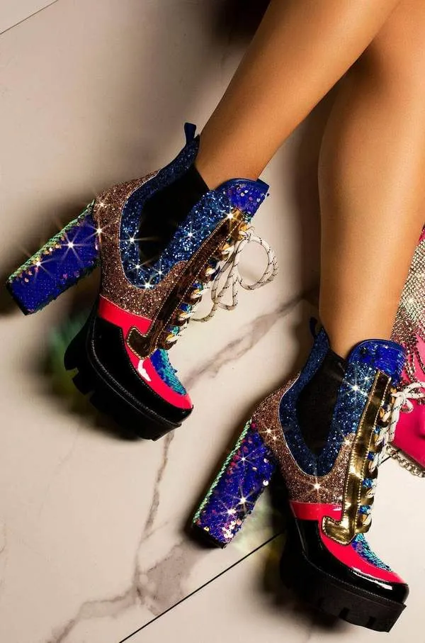 Cape Robbin | NELL CHUNKY BLOCK HIGH HEEL PLATFORM LACE UP BOOTS-MERMAID (8, mermaid)
