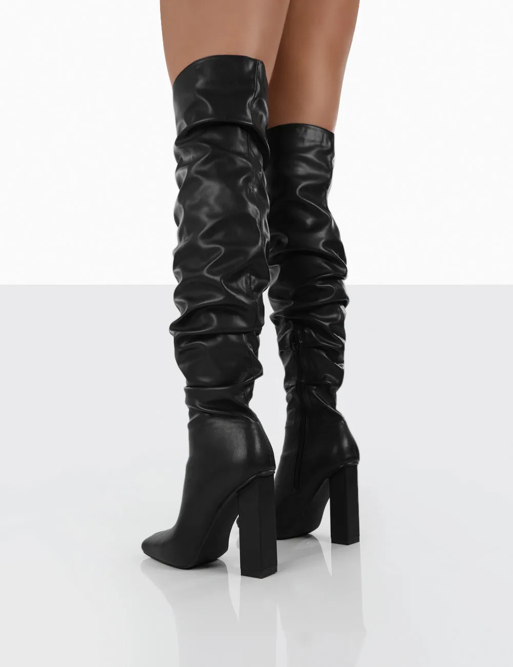 Cassia Black Square Toe Block Heel Over The Knee Boots