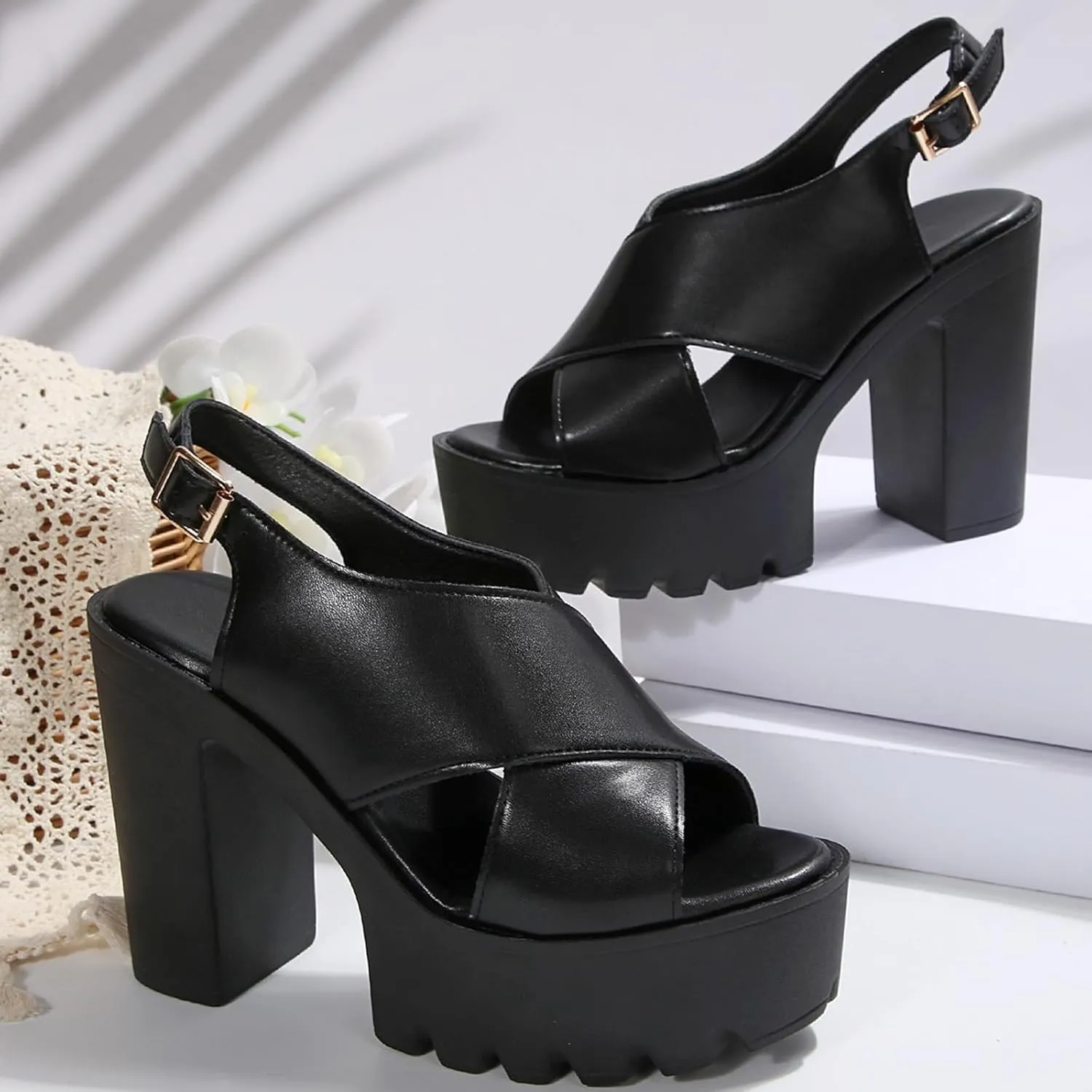Casual Dress Shoes Casual Fashion All Solid Color Thick Heel Thick Sole One Line Strap Women's High Heel Sandals