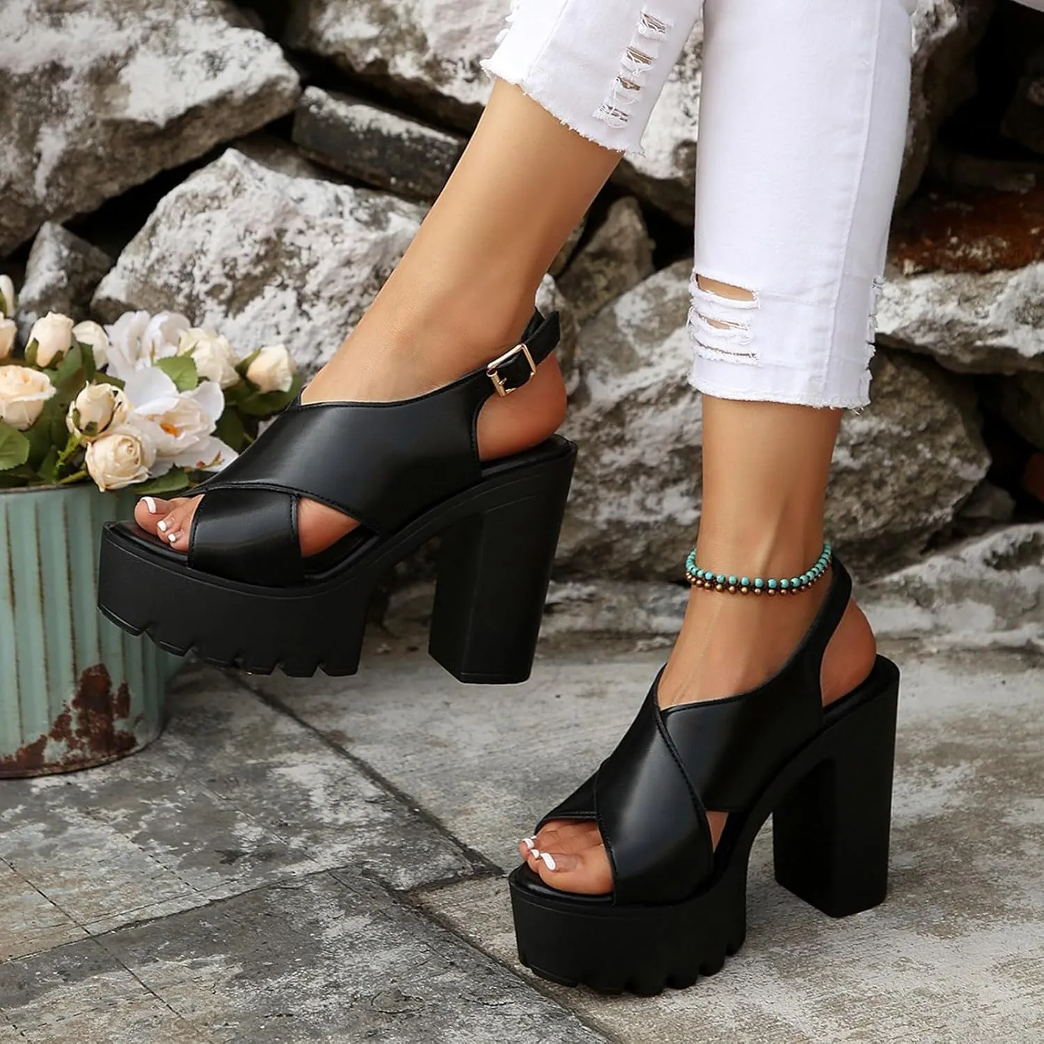 Casual Dress Shoes Casual Fashion All Solid Color Thick Heel Thick Sole One Line Strap Women's High Heel Sandals