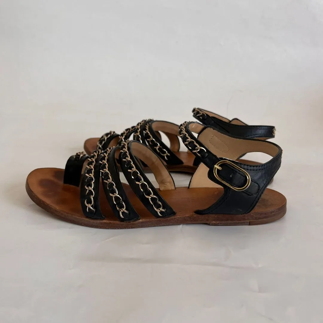 Chanel Black Leather Goldtone Chain Gladiator Sandals, 38