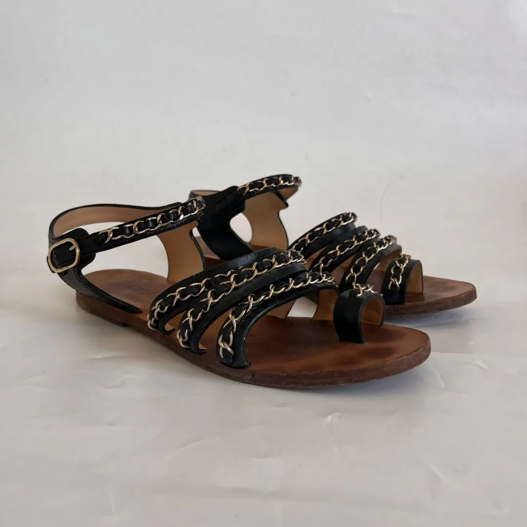 Chanel Black Leather Goldtone Chain Gladiator Sandals, 38