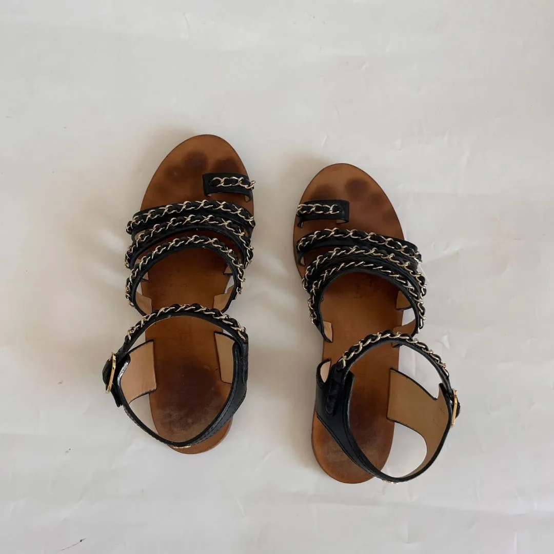 Chanel Black Leather Goldtone Chain Gladiator Sandals, 38