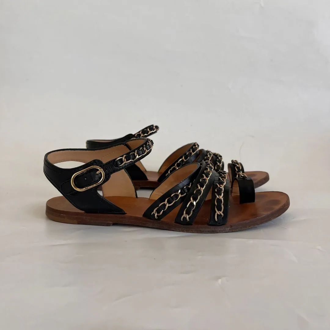Chanel Black Leather Goldtone Chain Gladiator Sandals, 38