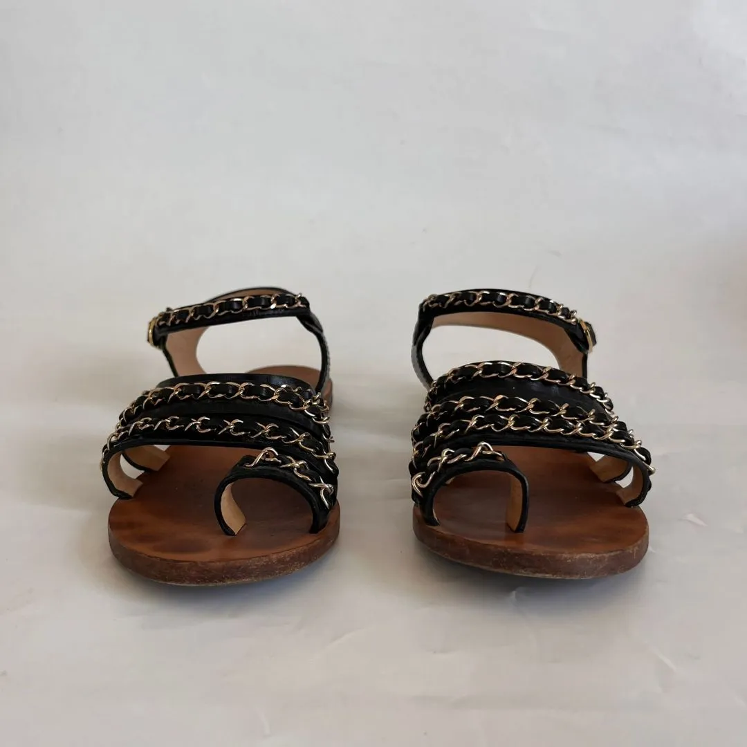 Chanel Black Leather Goldtone Chain Gladiator Sandals, 38