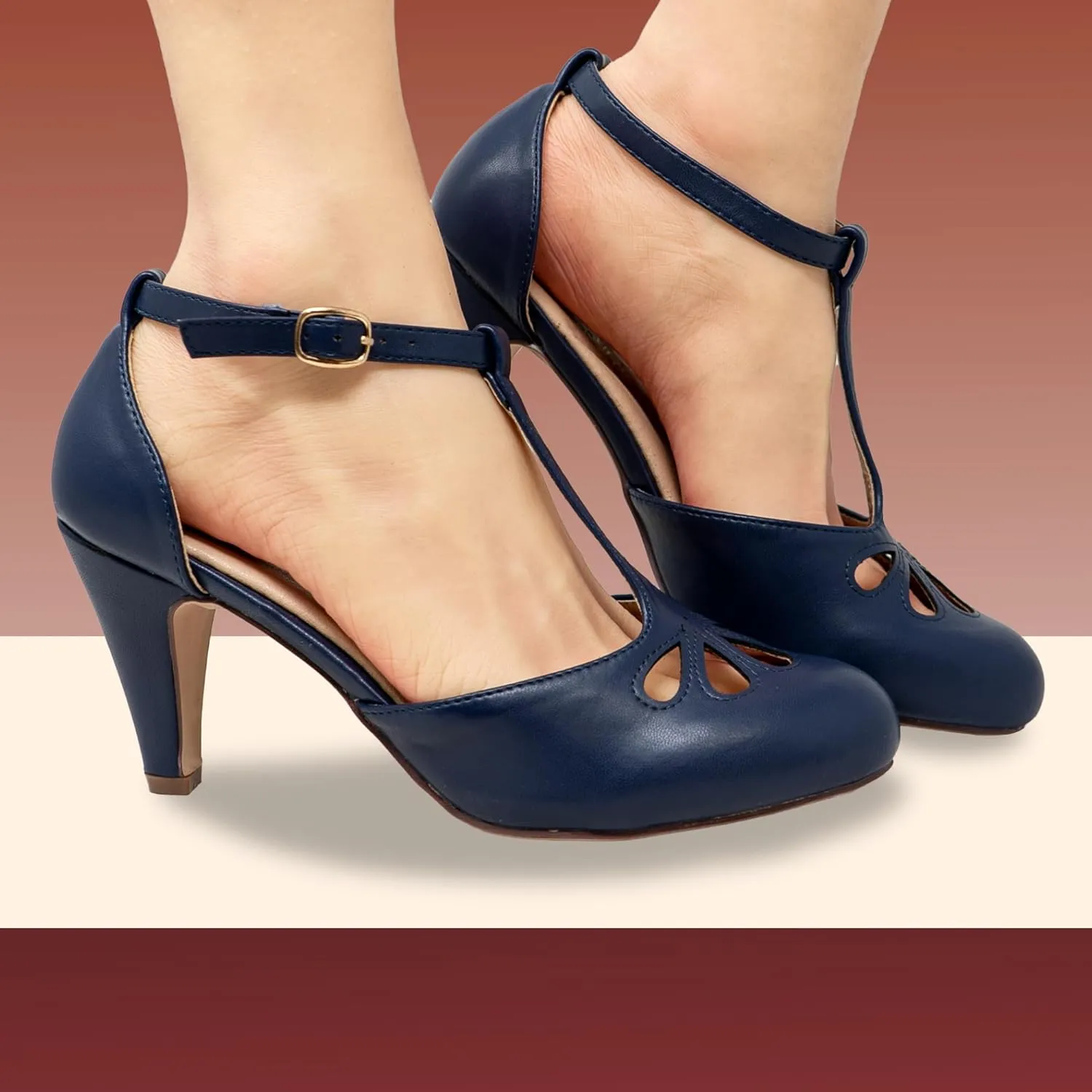 Chase & Chloe Women Mary Jane Oxford Pumps - Cute Low Kitten Heels - Retro Round Toe Shoe with Ankle Strap
