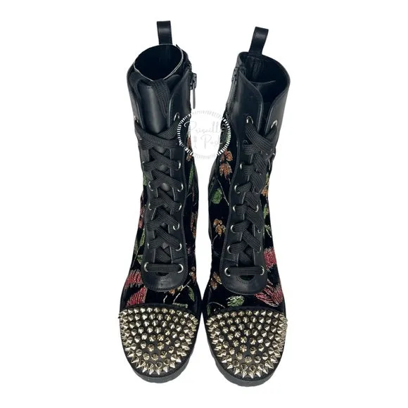 Christian Louboutin Croc Floral Studded Hiking Ankle Boots Black Spike Studded 37