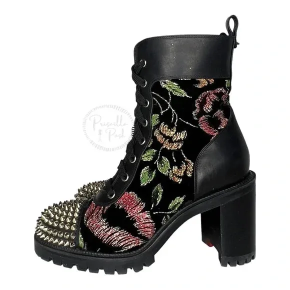 Christian Louboutin Croc Floral Studded Hiking Ankle Boots Black Spike Studded 37