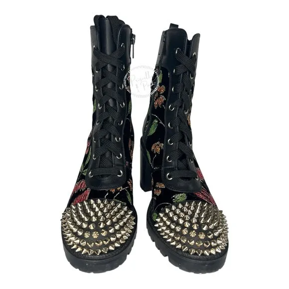 Christian Louboutin Croc Floral Studded Hiking Ankle Boots Black Spike Studded 37