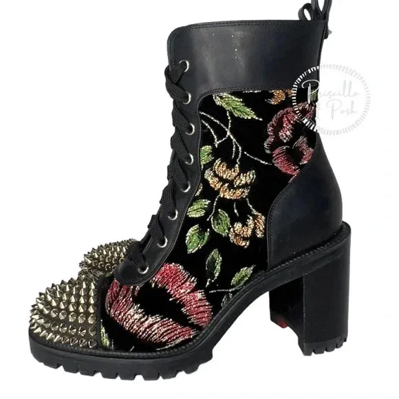 Christian Louboutin Croc Floral Studded Hiking Ankle Boots Black Spike Studded 37