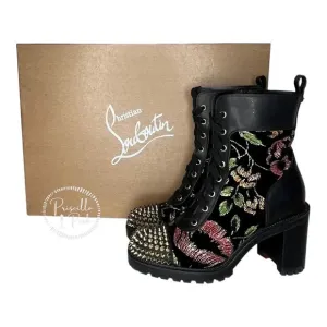 Christian Louboutin Croc Floral Studded Hiking Ankle Boots Black Spike Studded 37