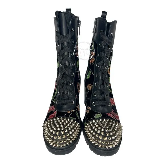 Christian Louboutin Croc Floral Studded Hiking Ankle Boots Black Spike Studded 37