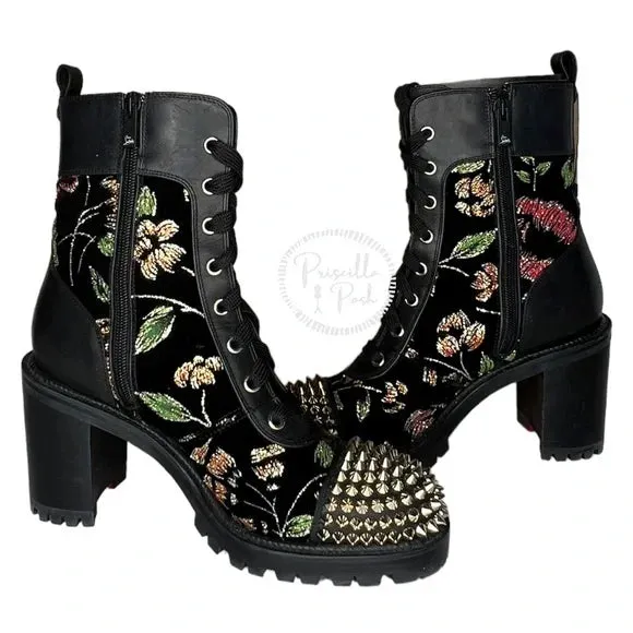 Christian Louboutin Croc Floral Studded Hiking Ankle Boots Black Spike Studded 37