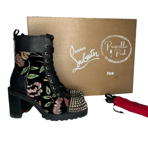 Christian Louboutin Croc Floral Studded Hiking Ankle Boots Black Spike Studded 37