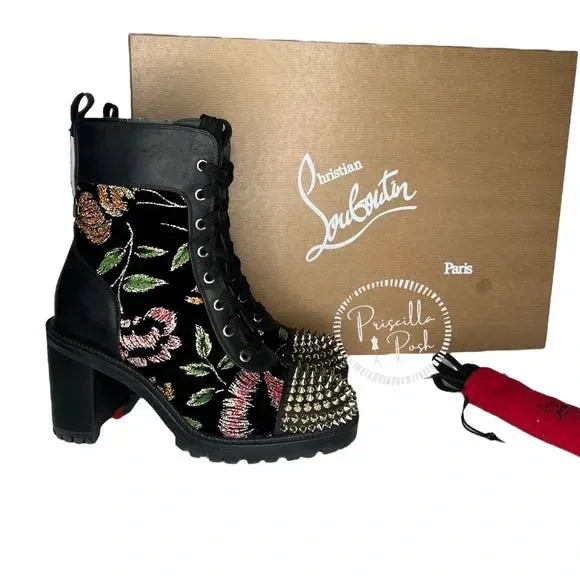 Christian Louboutin Croc Floral Studded Hiking Ankle Boots Black Spike Studded 37