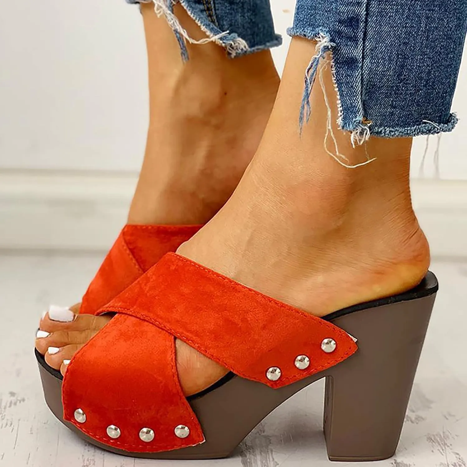 Chunky Block Heel Sandals Women Open Toe Square Toe Strappy Ankle Strap Comfortable Shoes