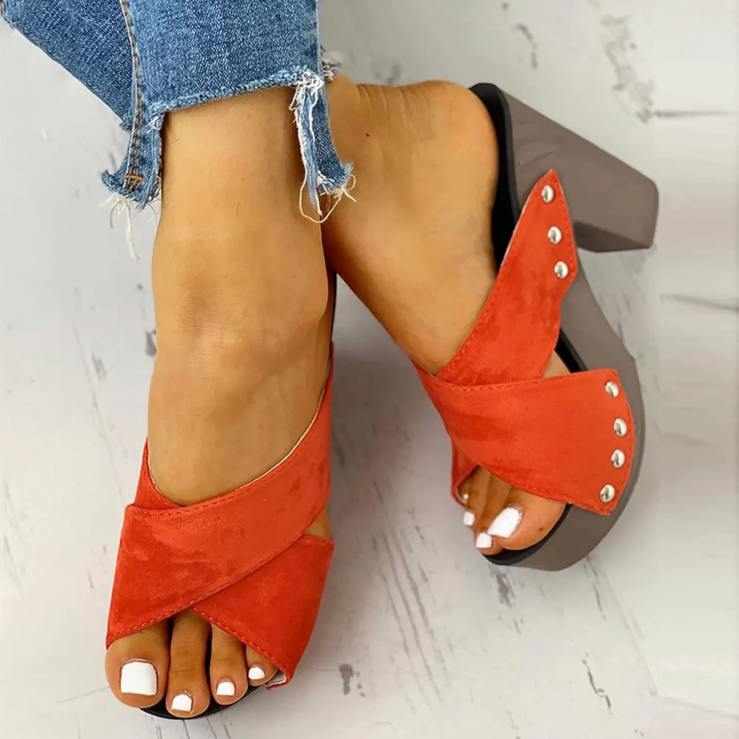 Chunky Block Heel Sandals Women Open Toe Square Toe Strappy Ankle Strap Comfortable Shoes