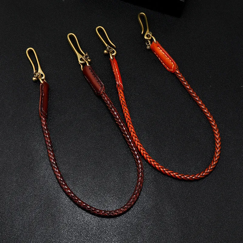 Coffee Leather Braided Biker Wallet Chains Handmade Leather Pants Chain For Men
