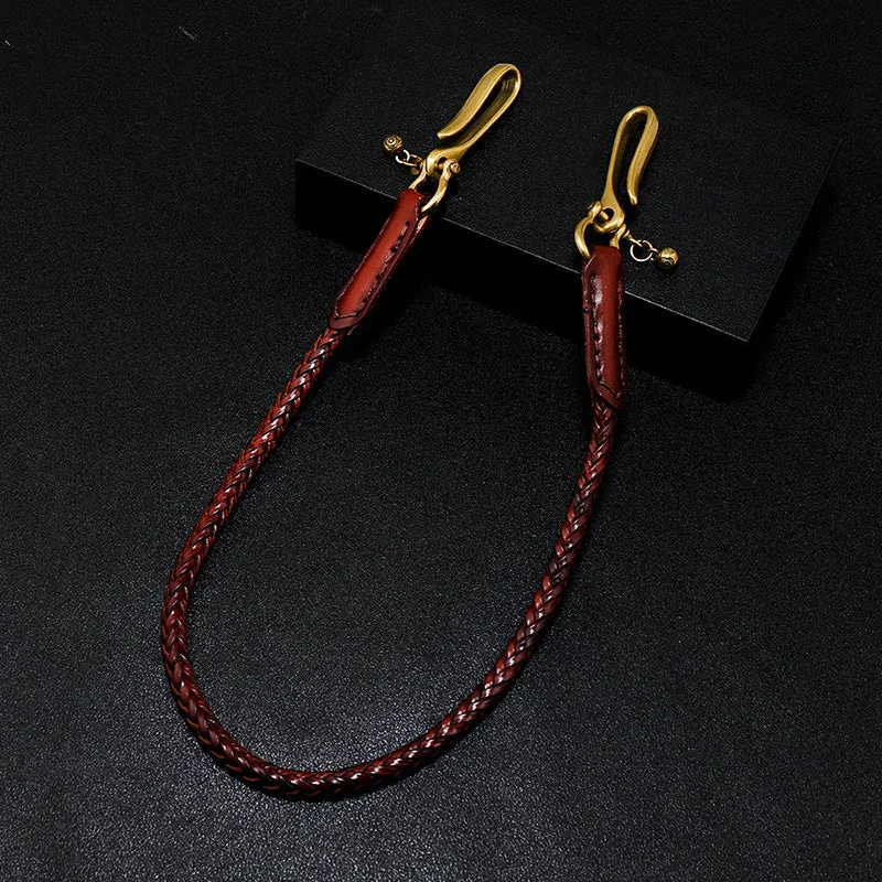 Coffee Leather Braided Biker Wallet Chains Handmade Leather Pants Chain For Men
