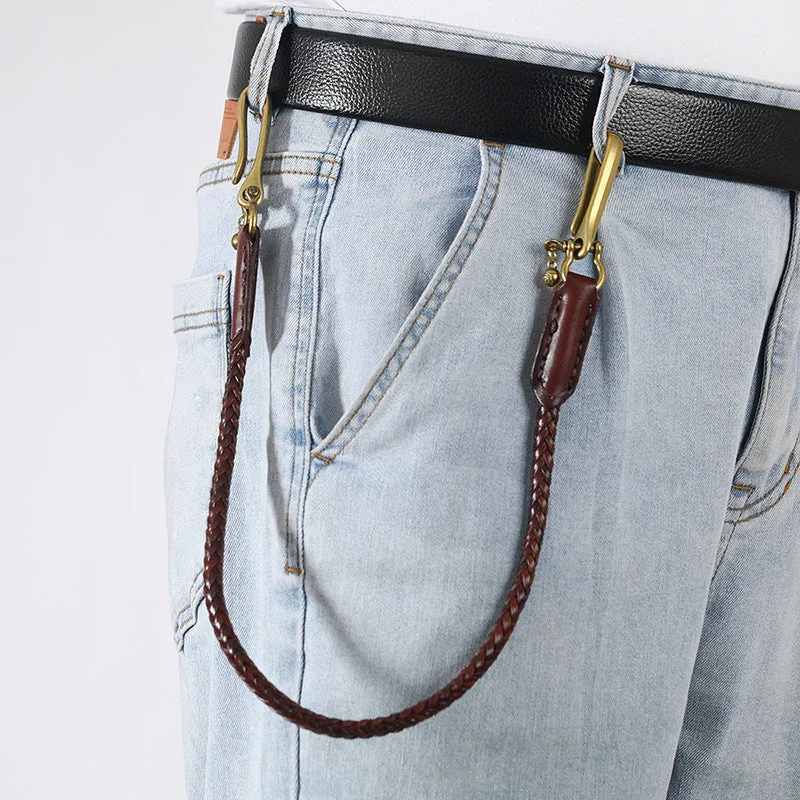 Coffee Leather Braided Biker Wallet Chains Handmade Leather Pants Chain For Men