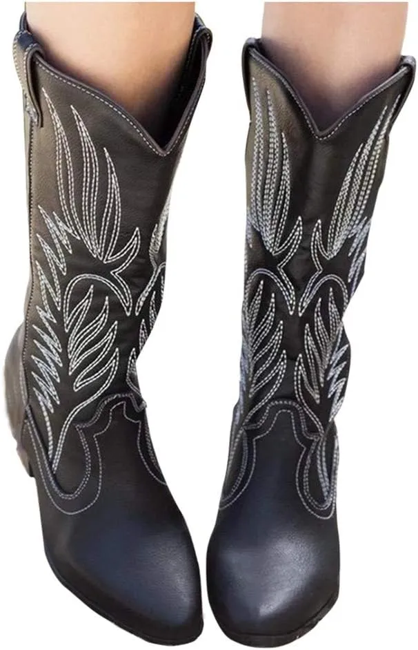 Cowboy Boots for Women Low Heel Ankle Bootie Winter Lace up Low Stacked Block Heel Mid Calf Military Combat Boots 52