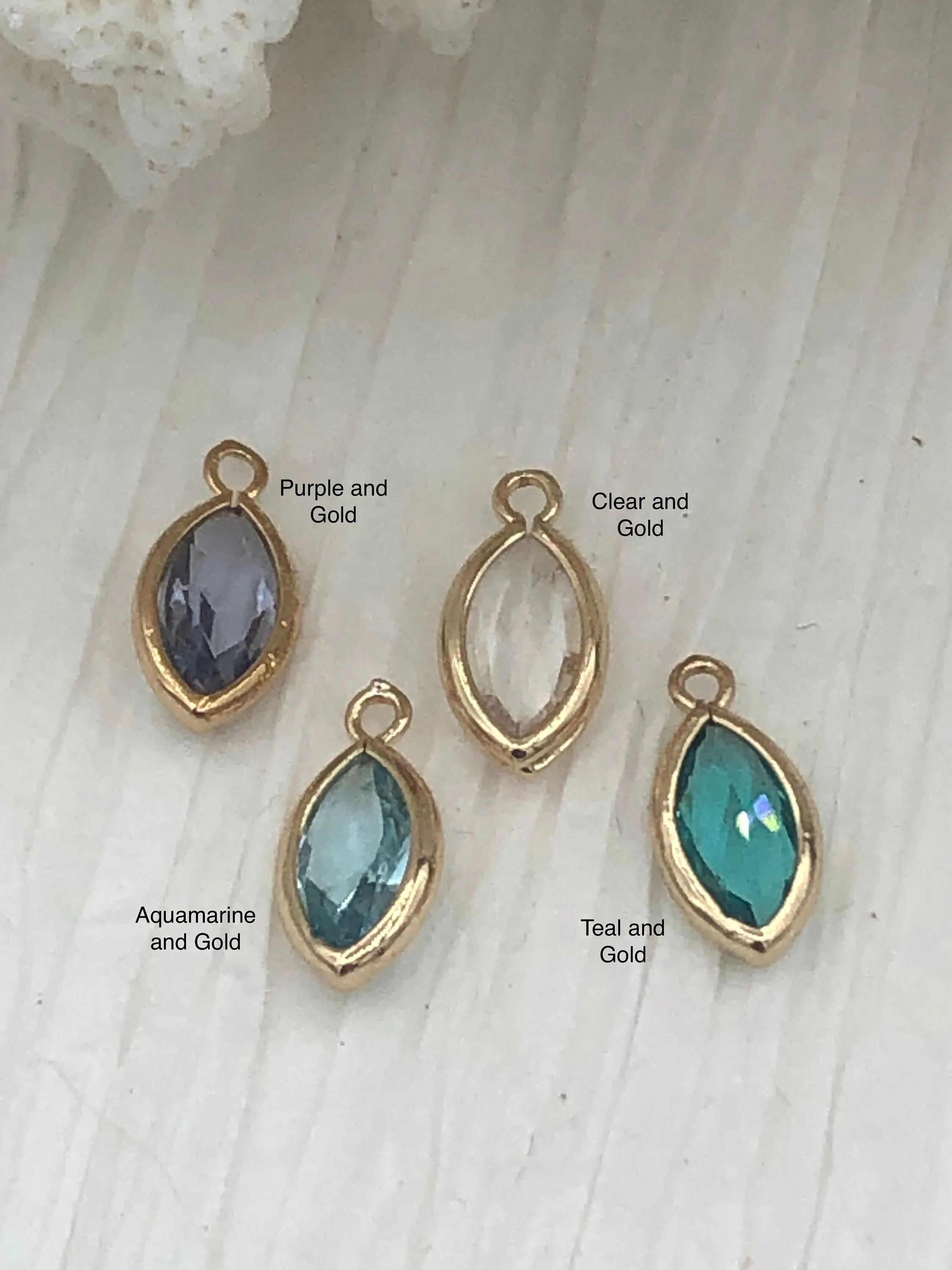 Crystal Gold Soldered Pendants and charms. Purple,Clear,Aquamarine,Teal Marquise Crystal, Soldered Charms 4 Colors Fast Ship
