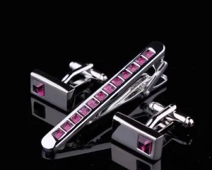 Crystal Tie Clip and Rectangle Cufflinks for Men Set - Classic Magenta