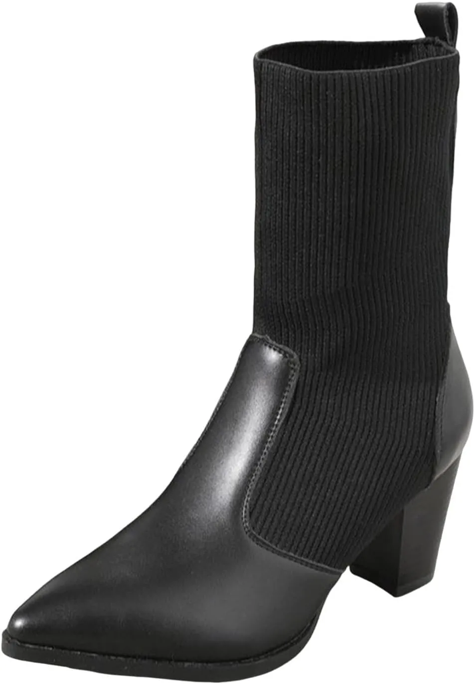 Crzidha Patchwork Knitted Ankle Boots,Stretch Knit Sock Slip On Ankle Boots Chunky Block High Heeled Pointed Toe Ankle Boots Formal Business Winter Walk High Heel Shoes