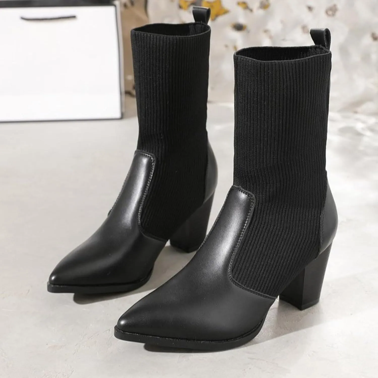 Crzidha Patchwork Knitted Ankle Boots,Stretch Knit Sock Slip On Ankle Boots Chunky Block High Heeled Pointed Toe Ankle Boots Formal Business Winter Walk High Heel Shoes