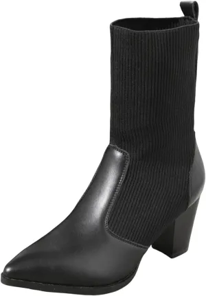 Crzidha Patchwork Knitted Ankle Boots,Stretch Knit Sock Slip On Ankle Boots Chunky Block High Heeled Pointed Toe Ankle Boots Formal Business Winter Walk High Heel Shoes