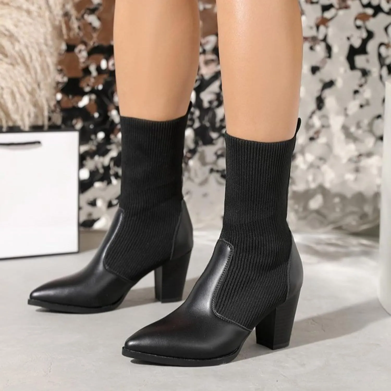 Crzidha Patchwork Knitted Ankle Boots,Stretch Knit Sock Slip On Ankle Boots Chunky Block High Heeled Pointed Toe Ankle Boots Formal Business Winter Walk High Heel Shoes