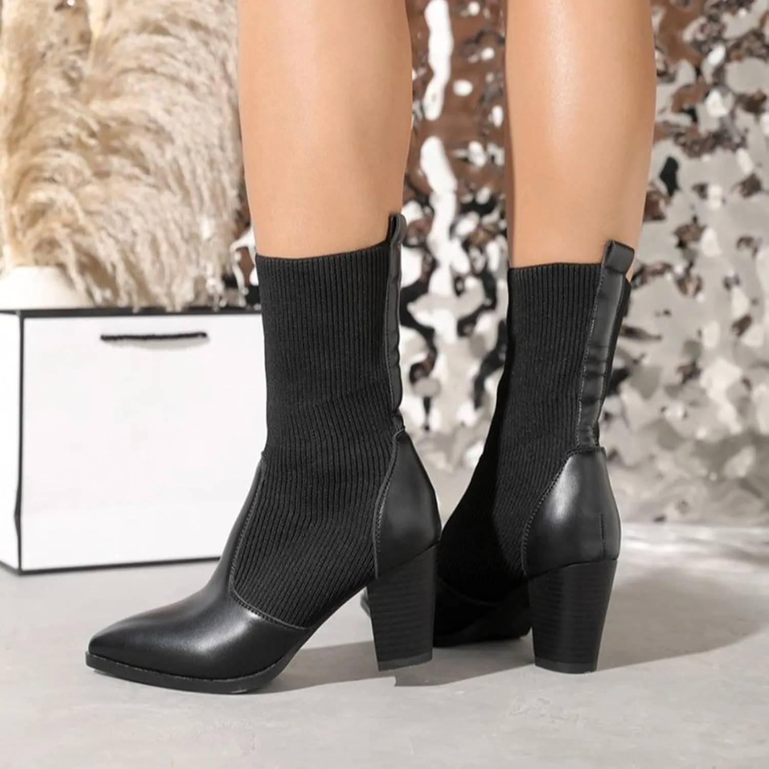 Crzidha Patchwork Knitted Ankle Boots,Stretch Knit Sock Slip On Ankle Boots Chunky Block High Heeled Pointed Toe Ankle Boots Formal Business Winter Walk High Heel Shoes