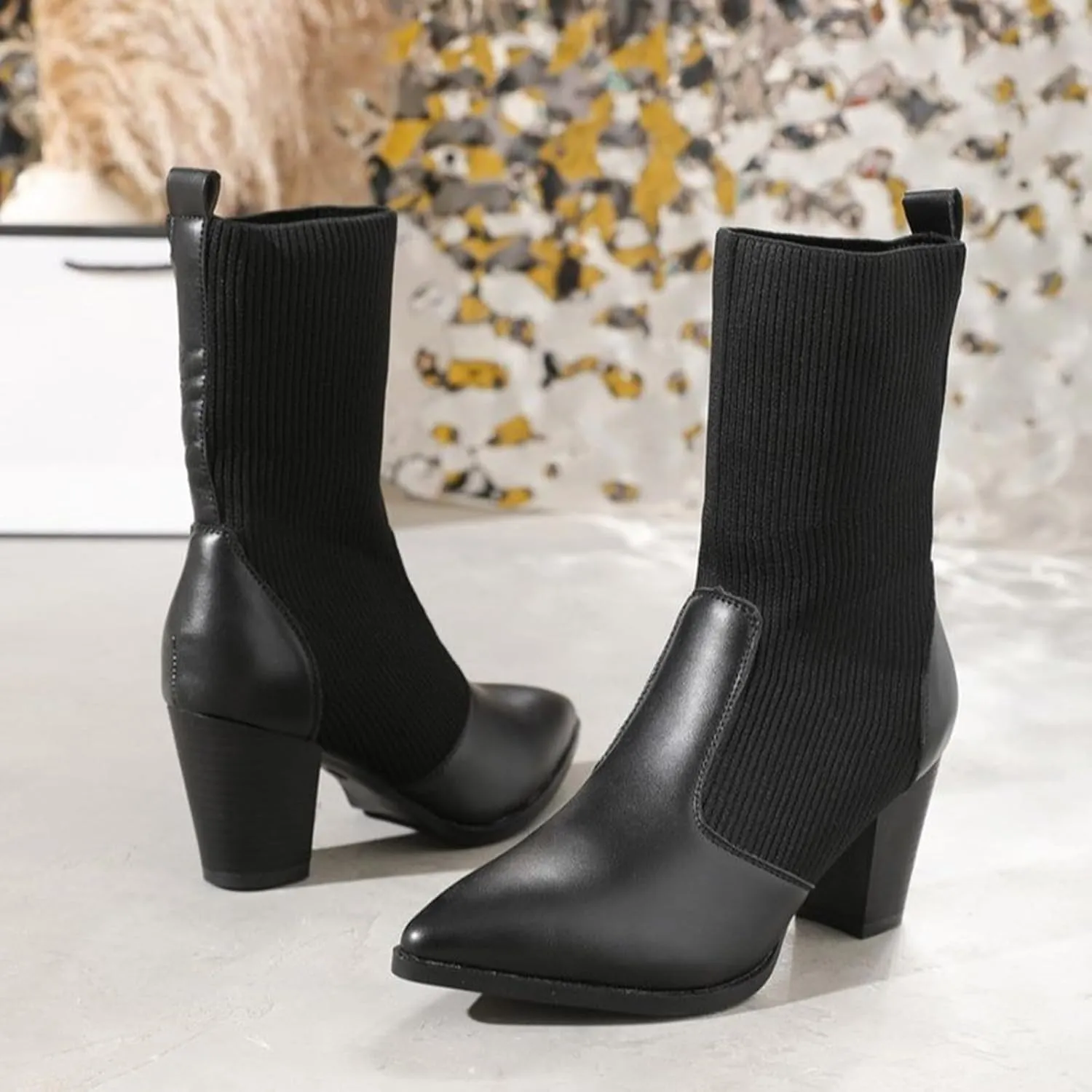 Crzidha Patchwork Knitted Ankle Boots,Stretch Knit Sock Slip On Ankle Boots Chunky Block High Heeled Pointed Toe Ankle Boots Formal Business Winter Walk High Heel Shoes