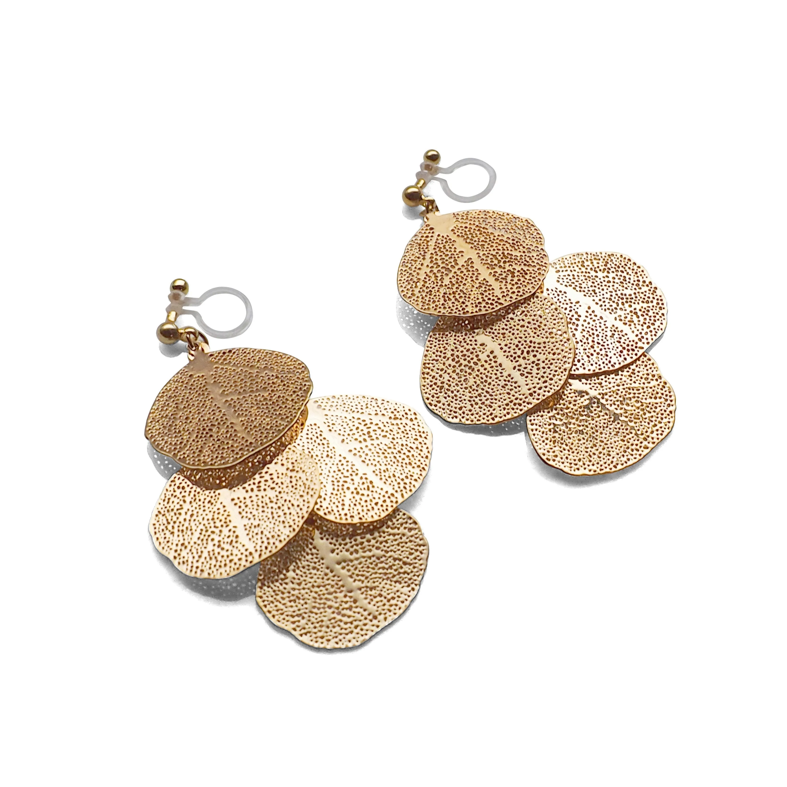 Dangle gold four leaf filigree invisible clip on earrings