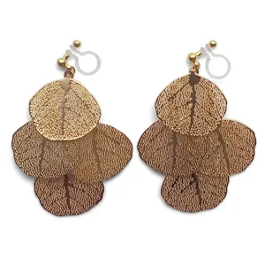Dangle gold four leaf filigree invisible clip on earrings