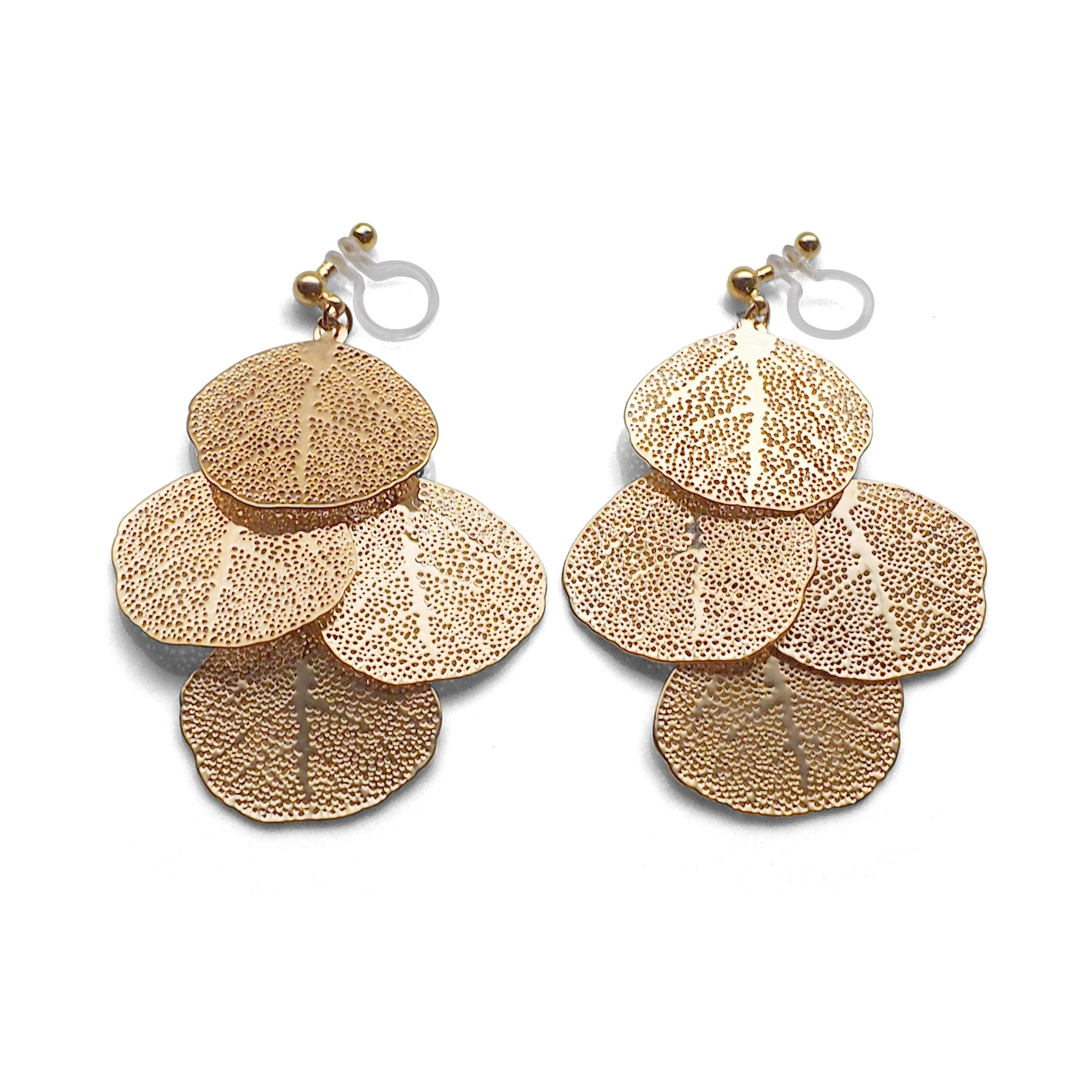 Dangle gold four leaf filigree invisible clip on earrings