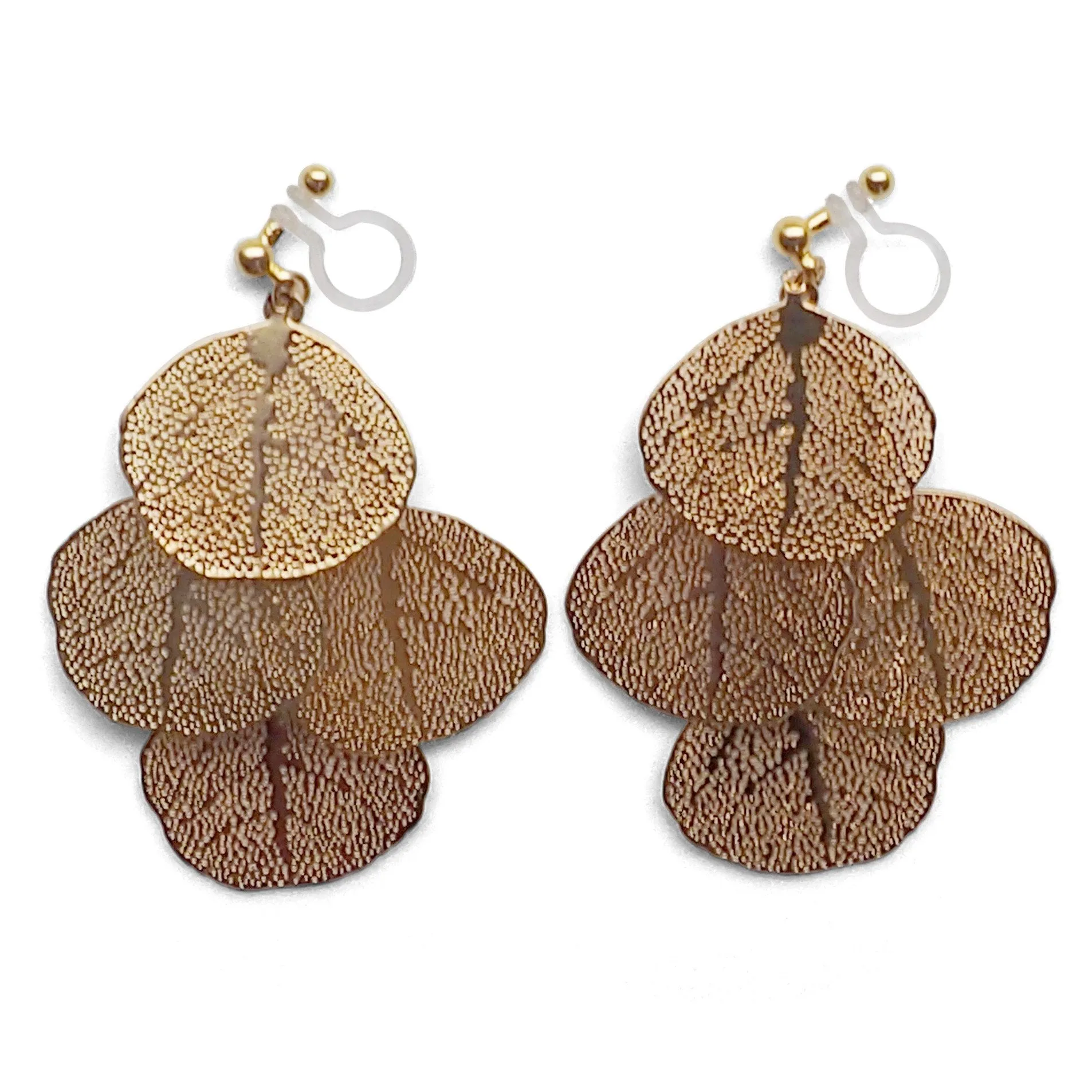 Dangle gold four leaf filigree invisible clip on earrings
