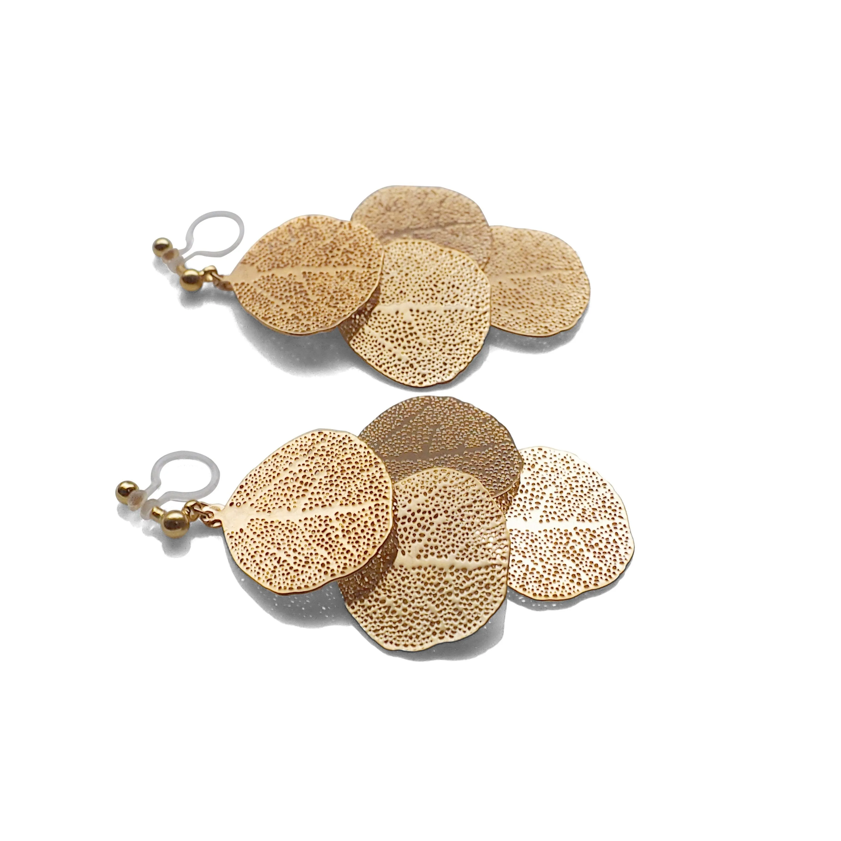 Dangle gold four leaf filigree invisible clip on earrings