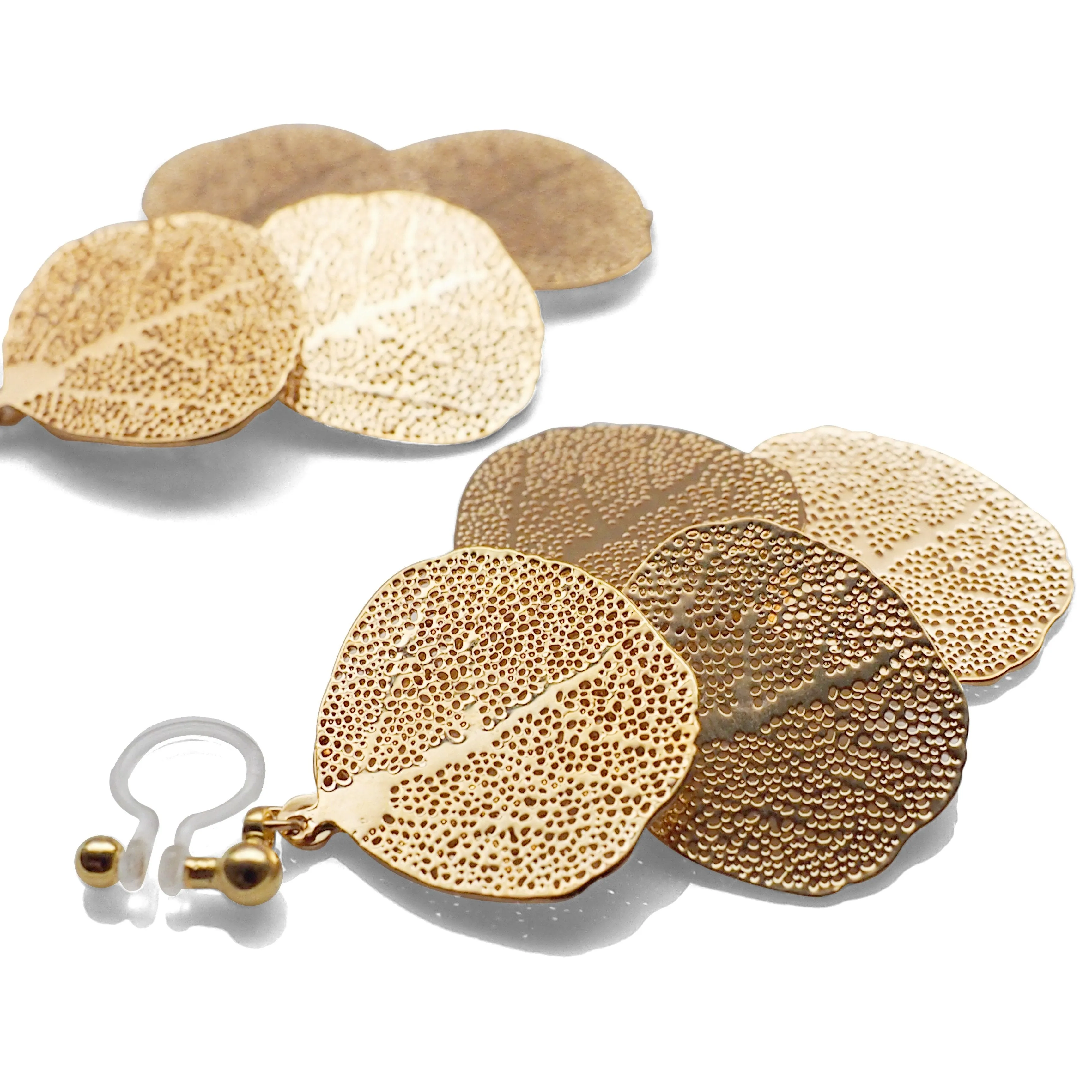 Dangle gold four leaf filigree invisible clip on earrings